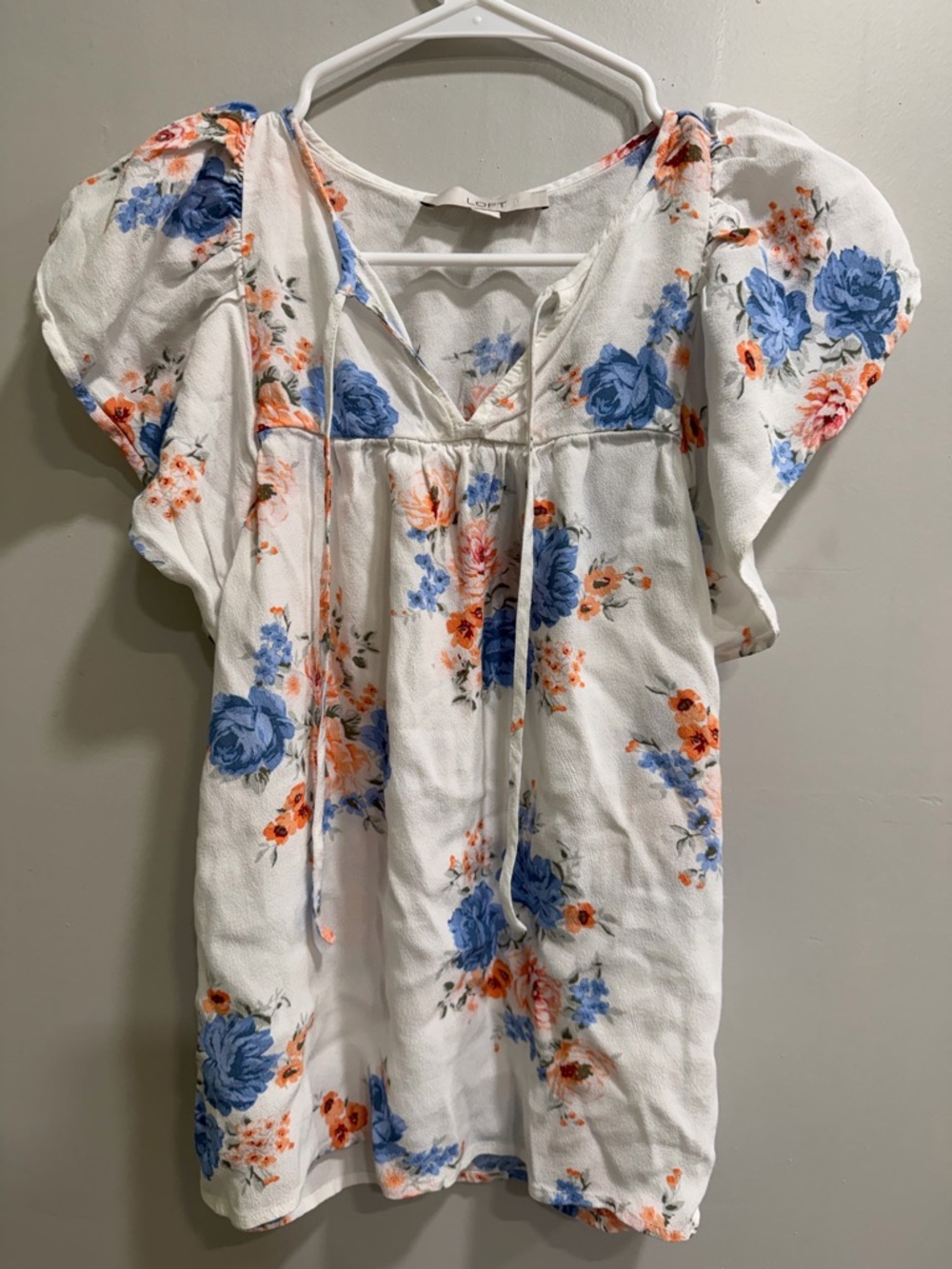 LOFT White Floral Peasant Top with Blue and Orange Blooms